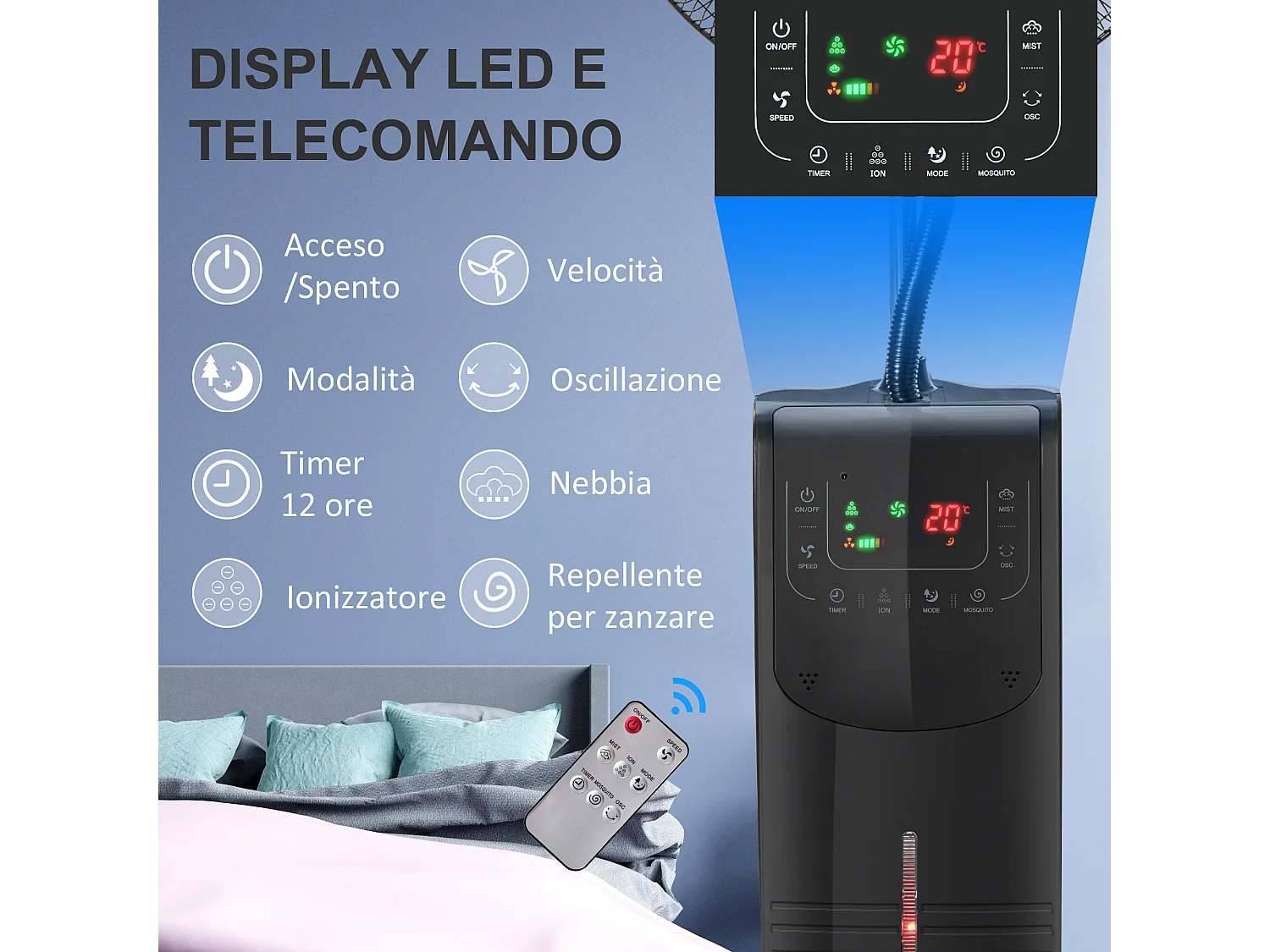 Ventilatore nebulizzatore con telecomando da 5m timer 12h e oscillazione 70°