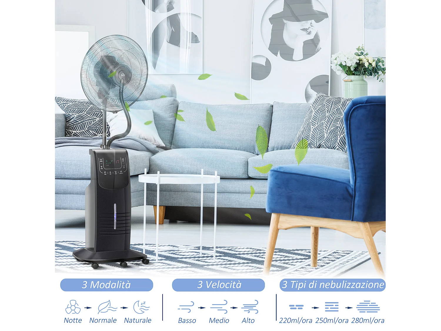 Ventilatore nebulizzatore con telecomando da 5m timer 12h e oscillazione 70°