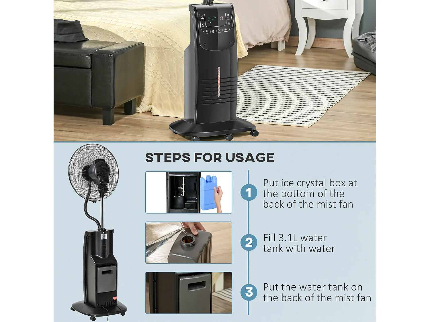 Ventilatore nebulizzatore con telecomando da 5m timer 12h e oscillazione 70°