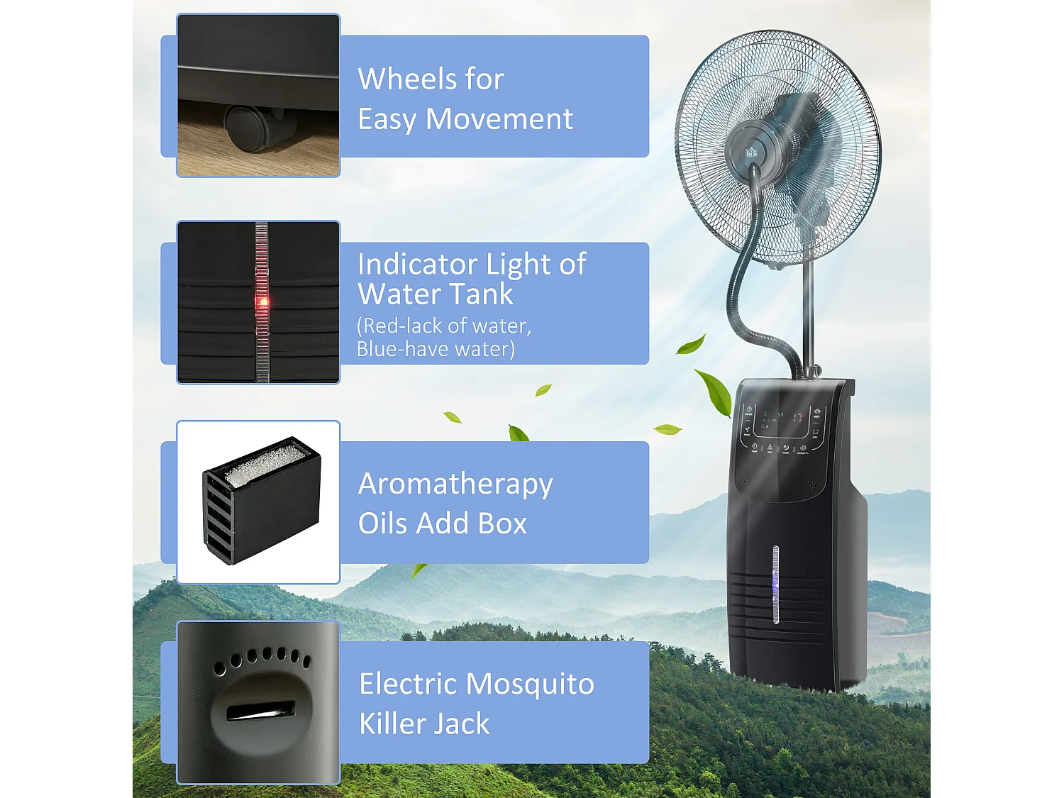 Ventilatore nebulizzatore con telecomando da 5m timer 12h e oscillazione 70°