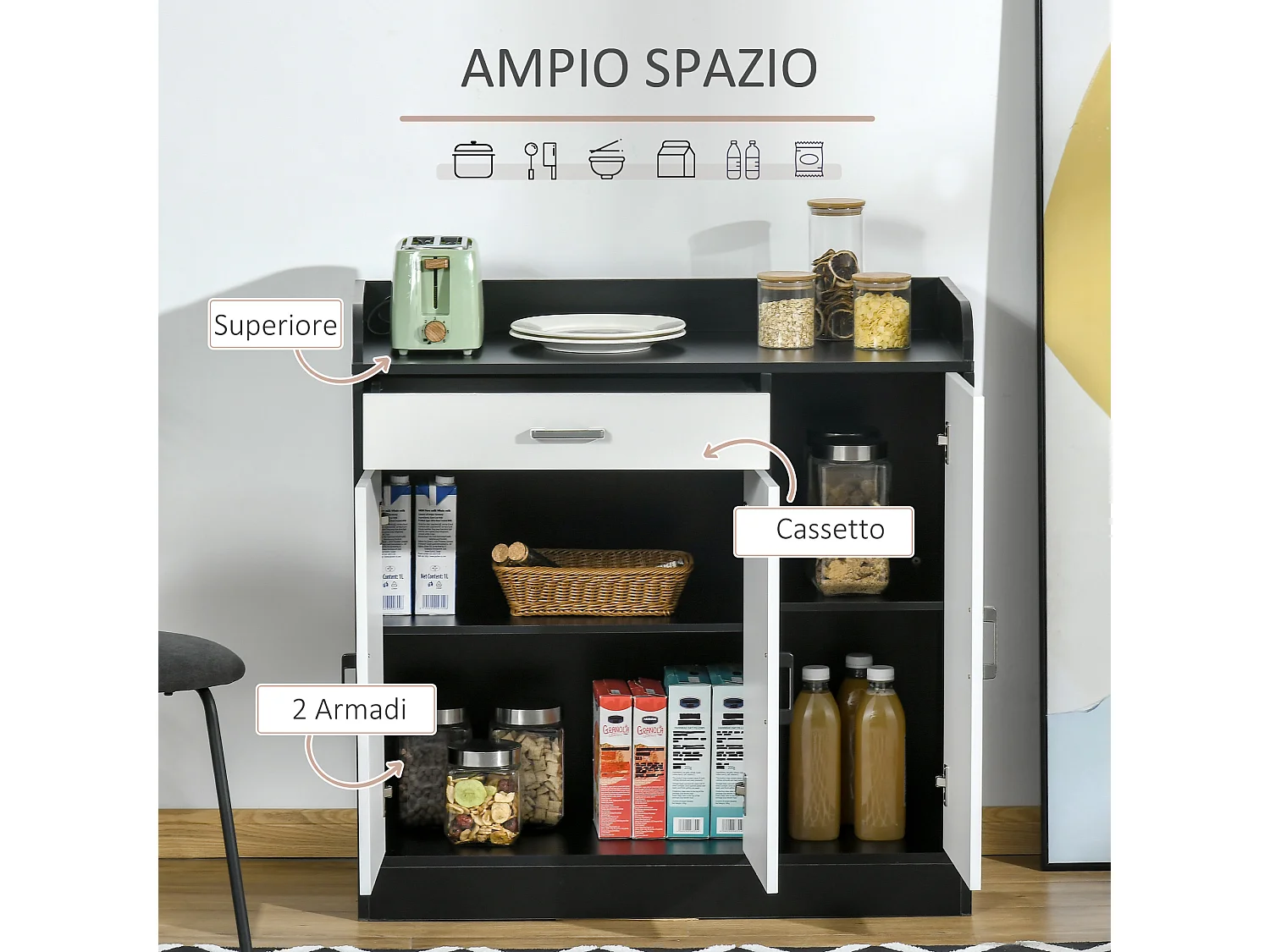 Mobiletto da cucina moderno in mdf con 2 armadietti