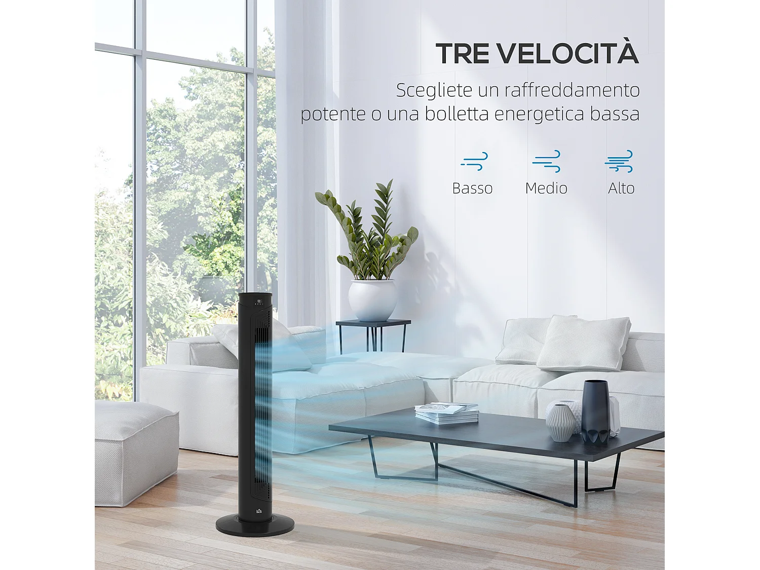 Ventilatore a torre 45w a 4 modalità e 3 velocità con timer da 12h
