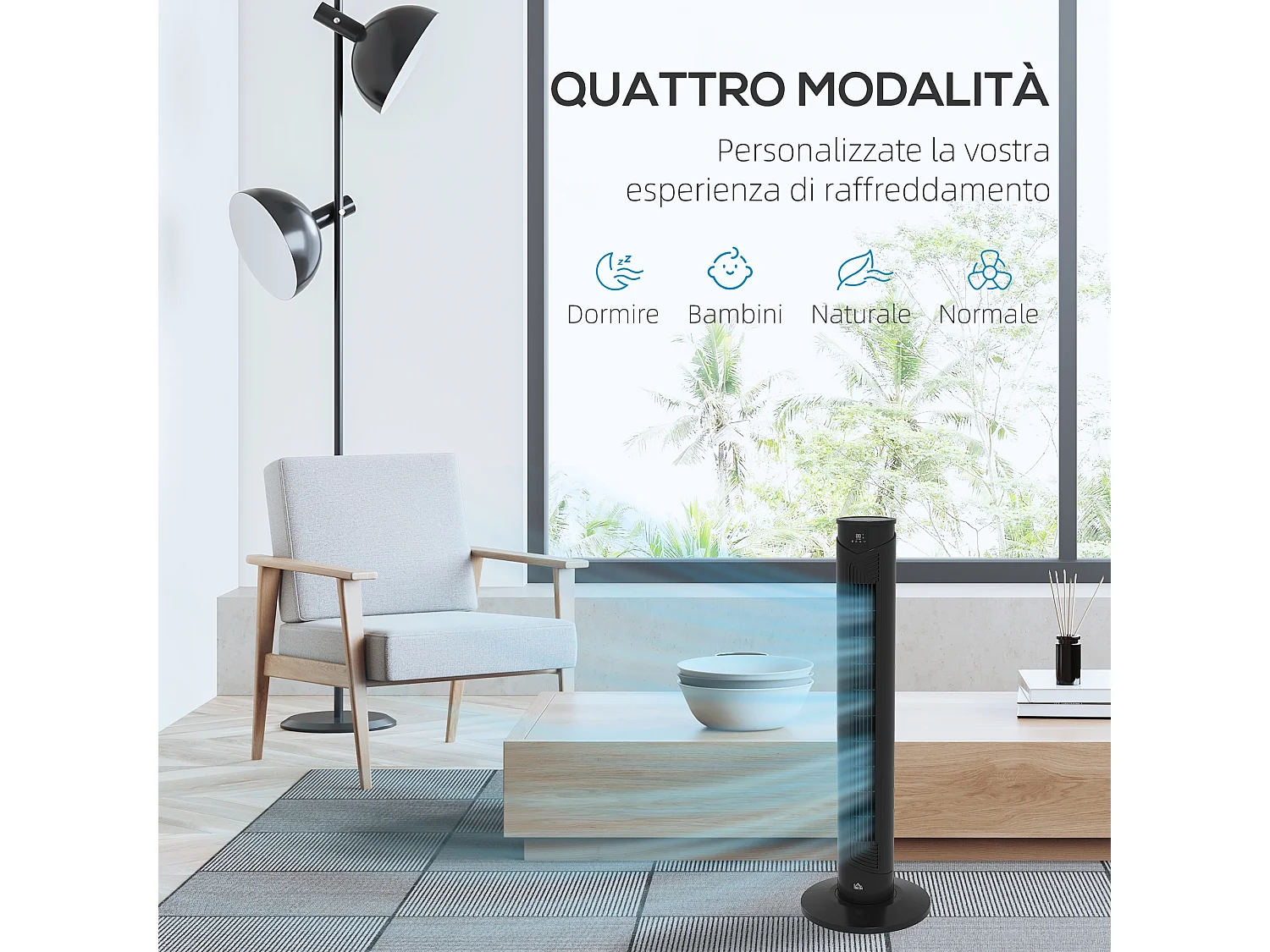 Ventilatore a torre 45w a 4 modalità e 3 velocità con timer da 12h