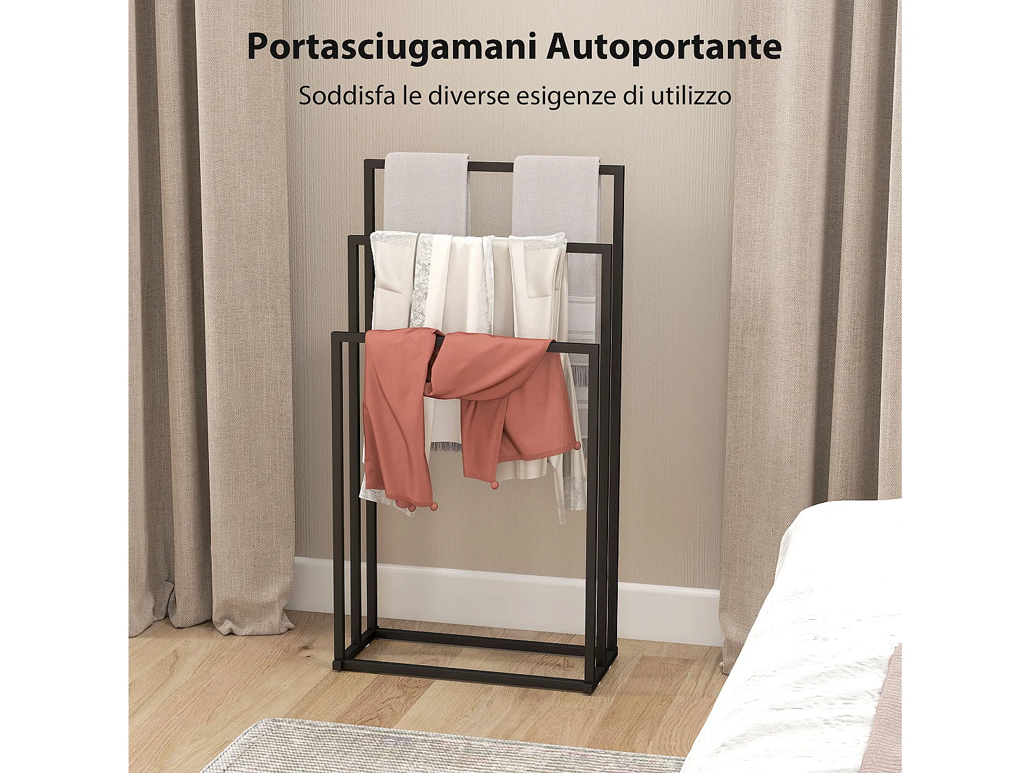 Portasciugamani bagno da terra con 3 bracci in acciaio nero