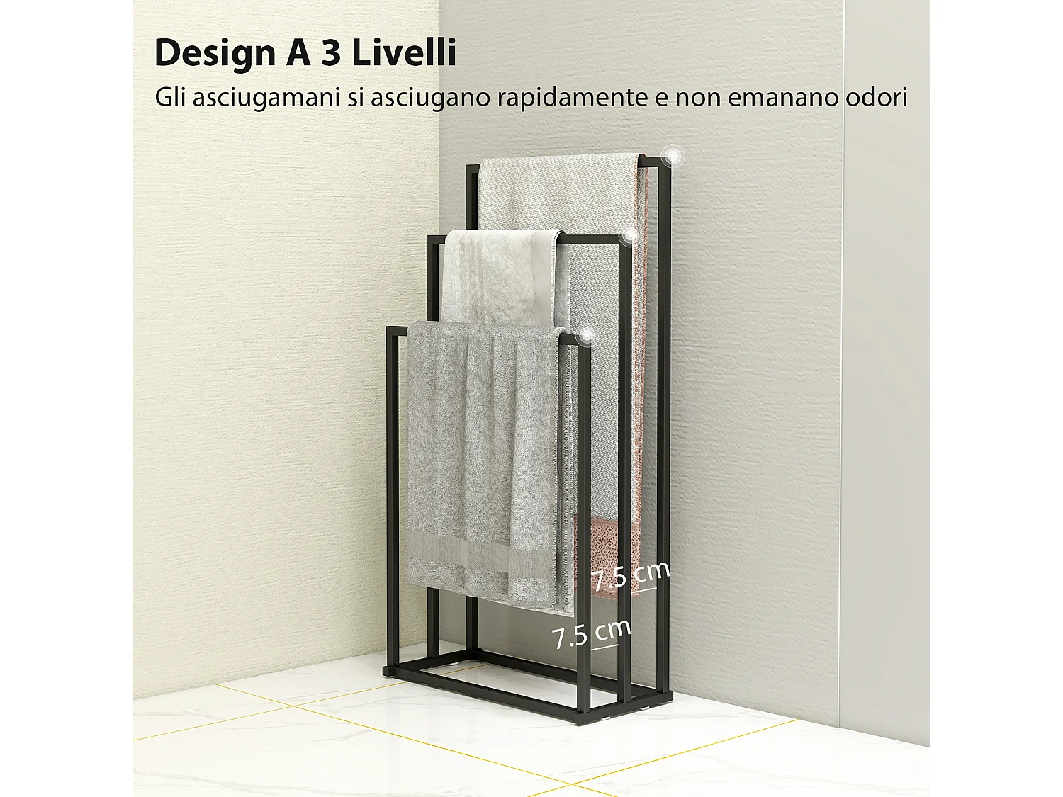 Portasciugamani bagno da terra con 3 bracci in acciaio nero