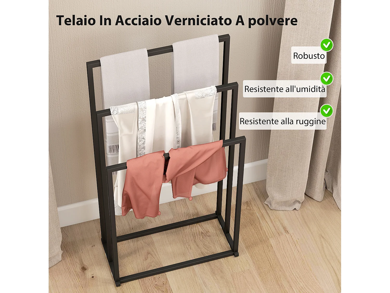Portasciugamani bagno da terra con 3 bracci in acciaio nero