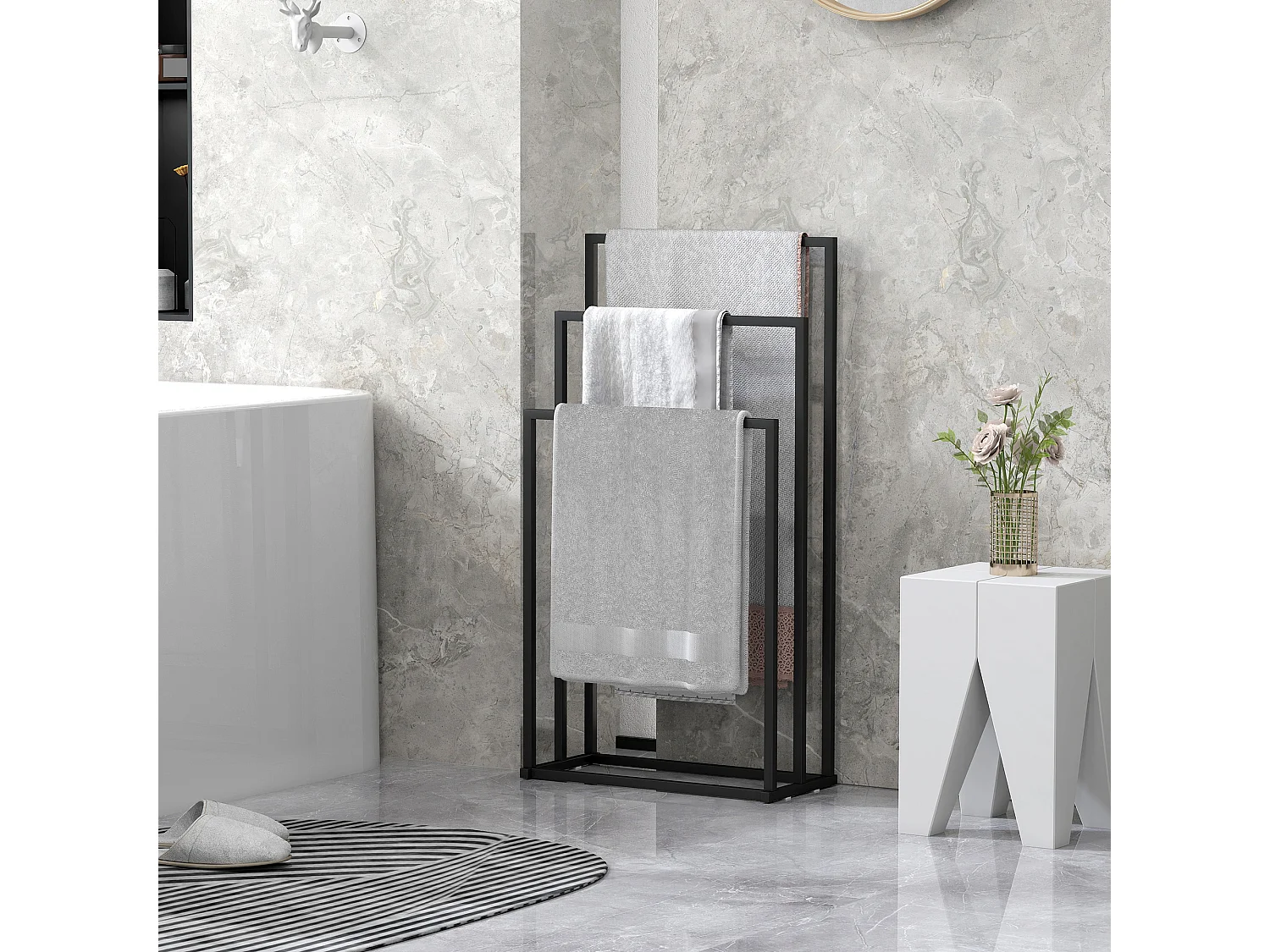 Portasciugamani bagno da terra con 3 bracci in acciaio nero