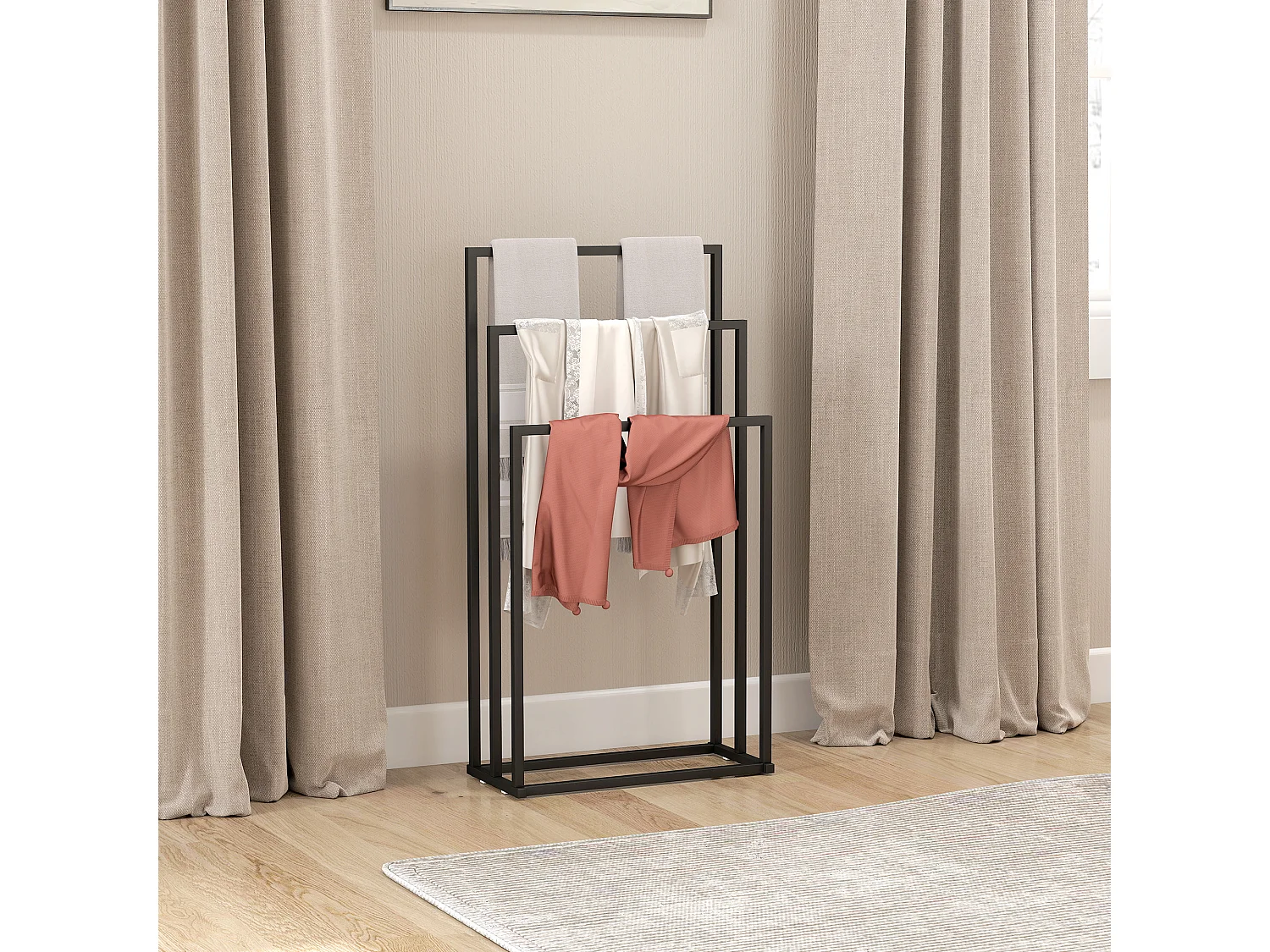 Portasciugamani bagno da terra con 3 bracci in acciaio nero