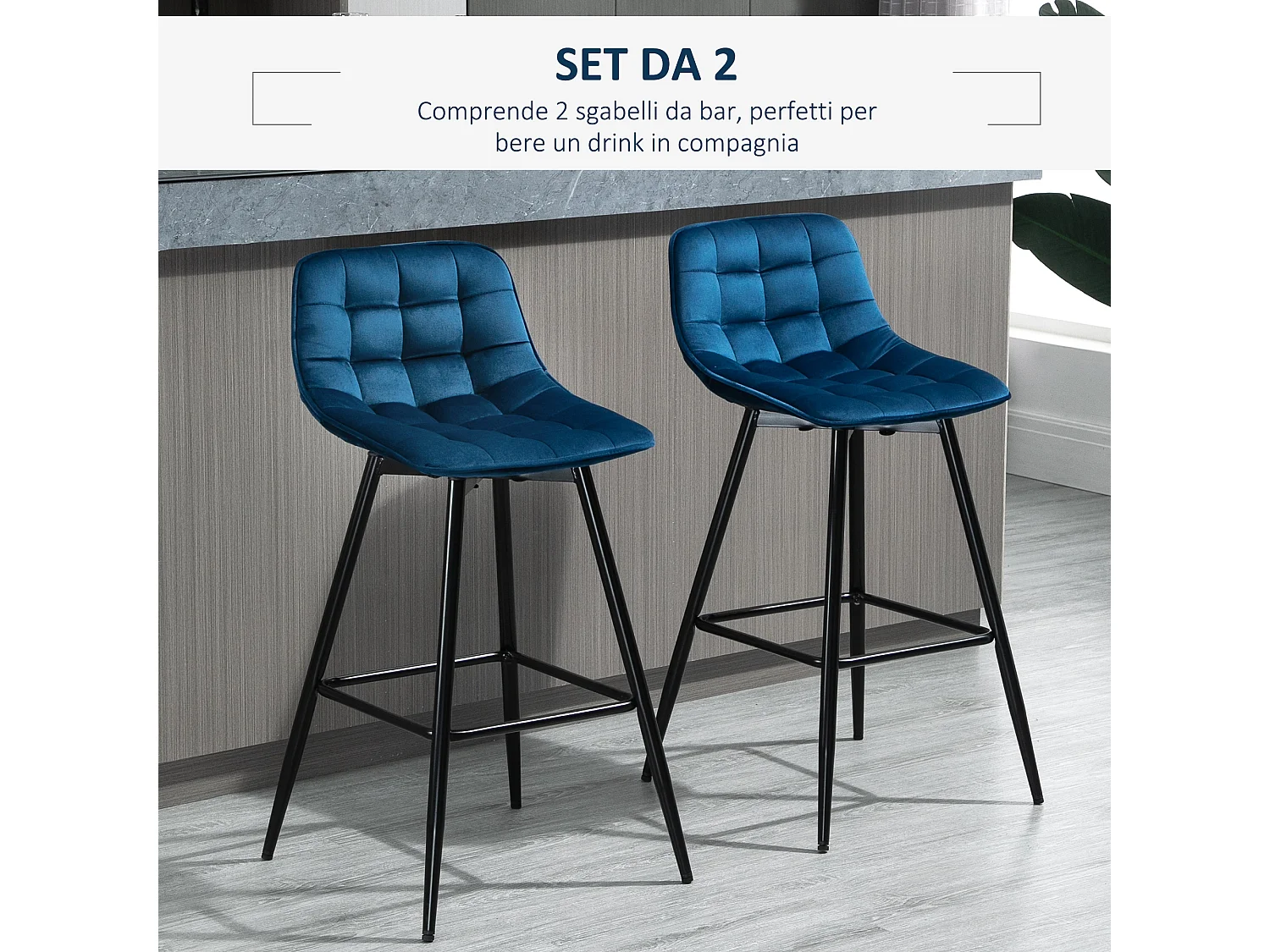Set 2 sgabelli da bar stile nordico metallo velluto blu