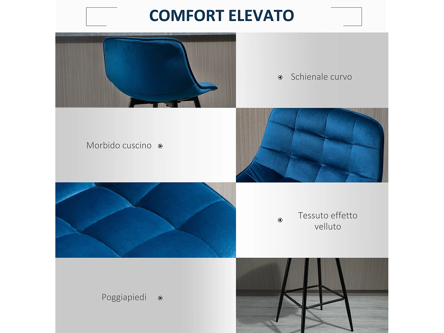 Set 2 sgabelli da bar stile nordico metallo velluto blu