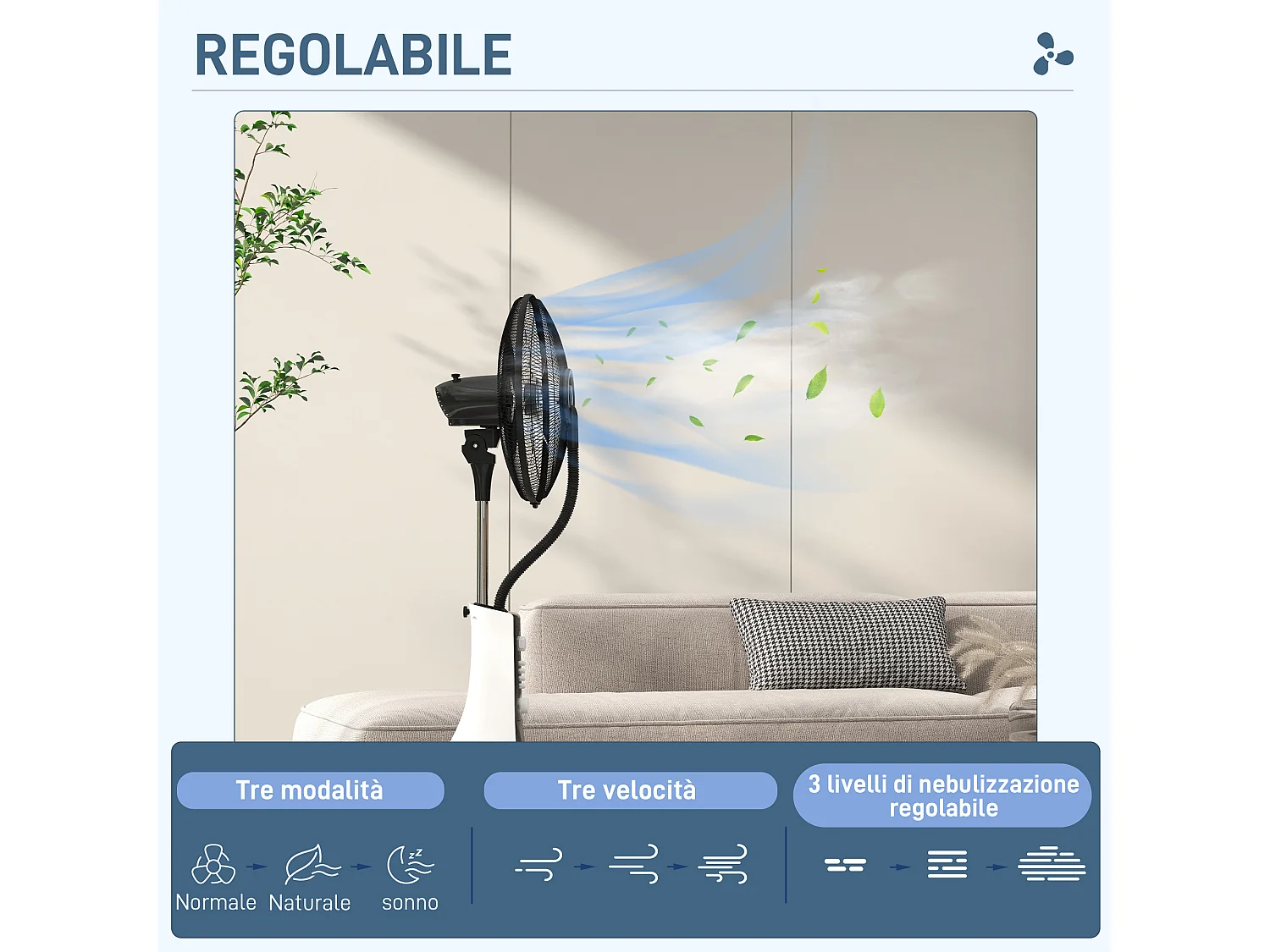 Ventilatore nebulizzatore con serbatoio 3l timer, 3 modalità e 3 velocità