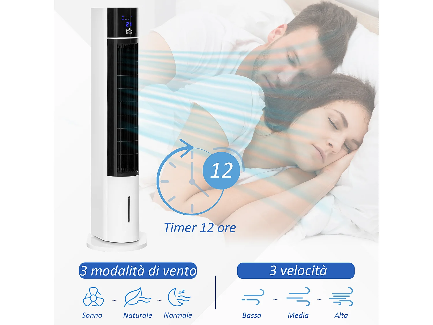 Ventilatore a torre raffrescatore evaporativo 3 modalità e 3 velocità