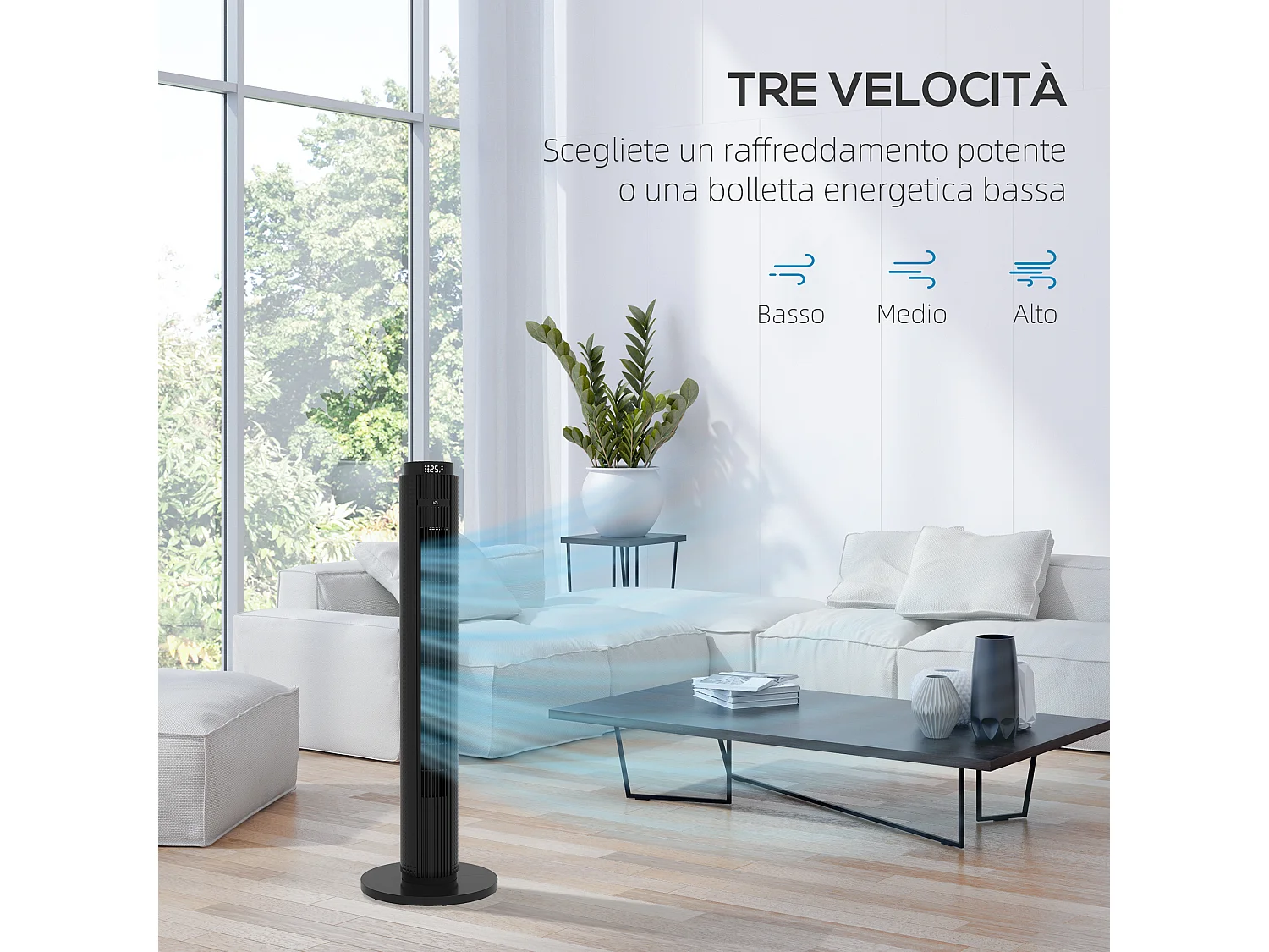 Ventilatore a torre 45w a 4 modalità e 3 velocità con timer da 12h