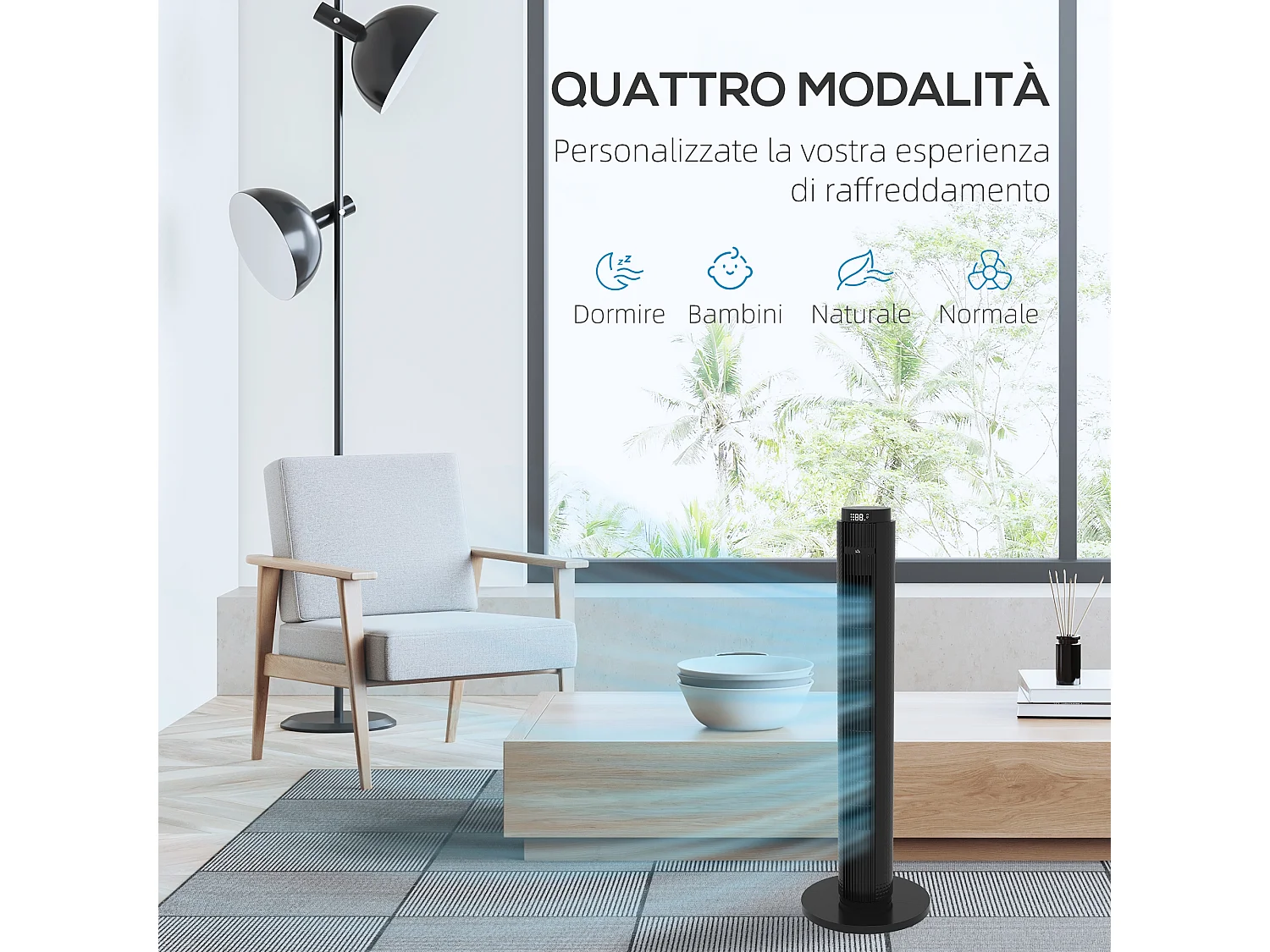 Ventilatore a torre 45w a 4 modalità e 3 velocità con timer da 12h