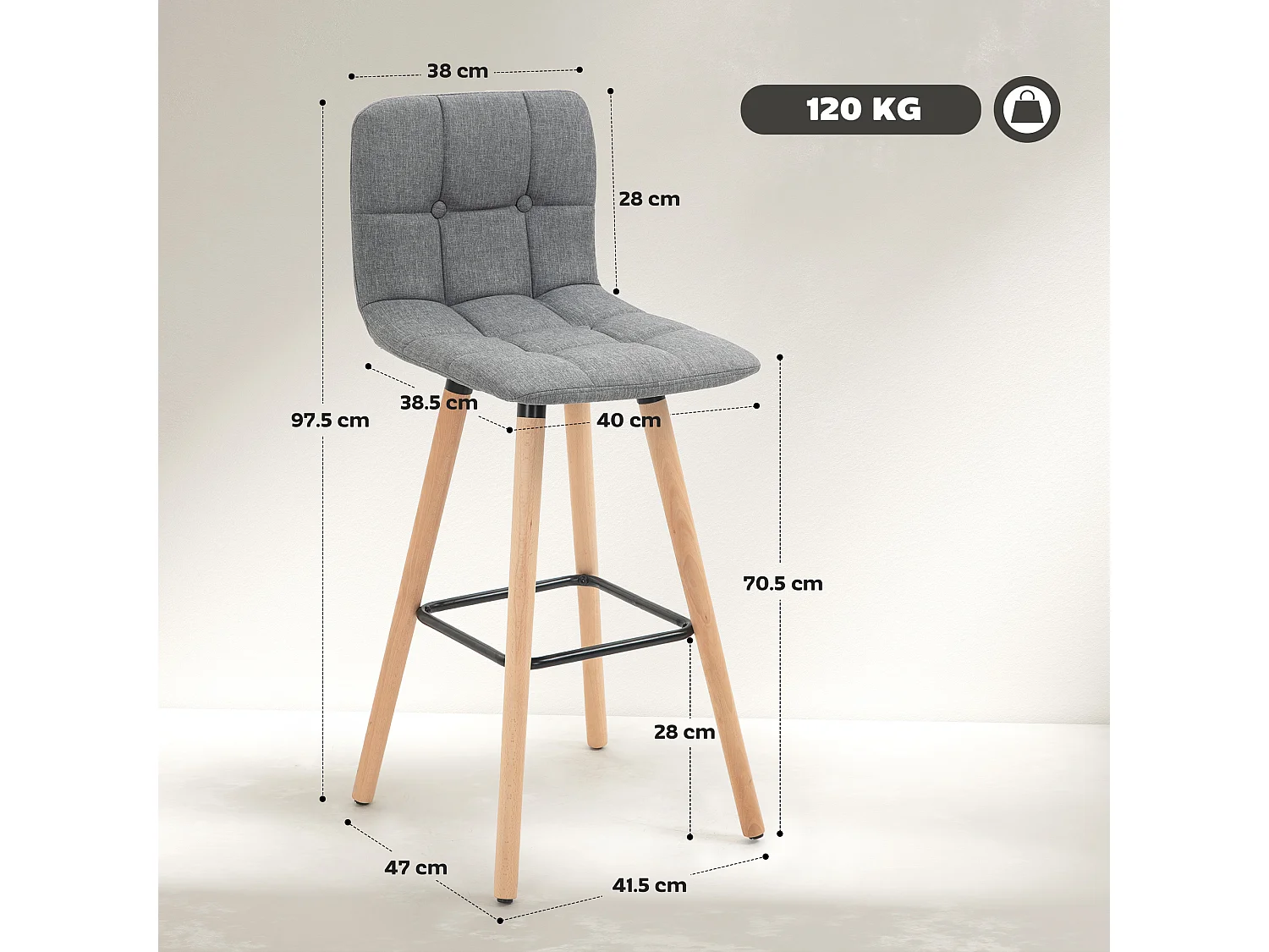 Set 2 sgabelli da bar imbottiti poggiapiedi e schienale grigi