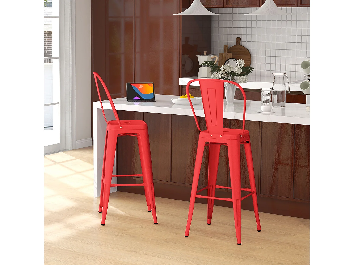 Set 2 sgabelli da bar con schienale rimovibile e poggiapiedi rosso