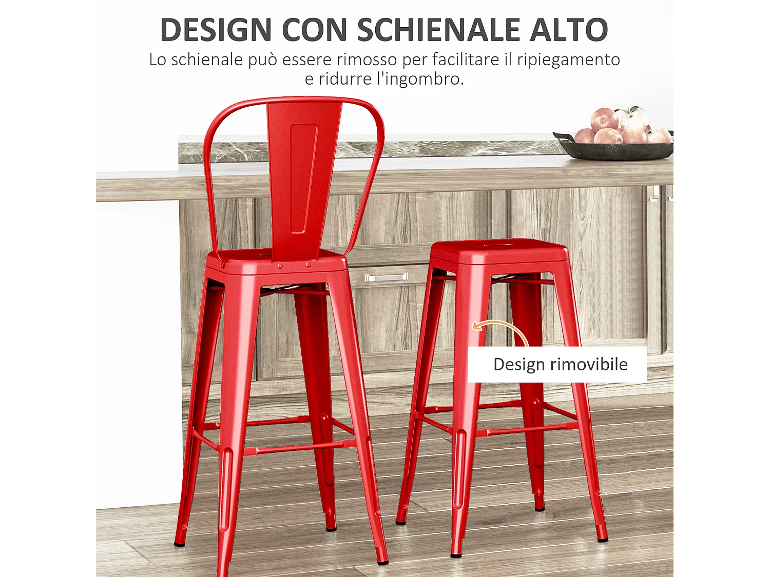Set 2 sgabelli da bar con schienale rimovibile e poggiapiedi rosso