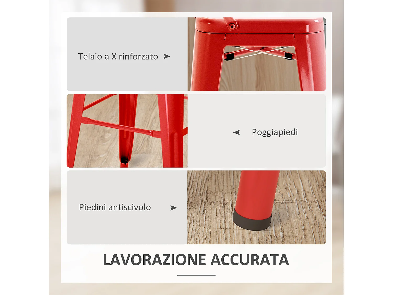 Set 2 sgabelli da bar con schienale rimovibile e poggiapiedi rosso