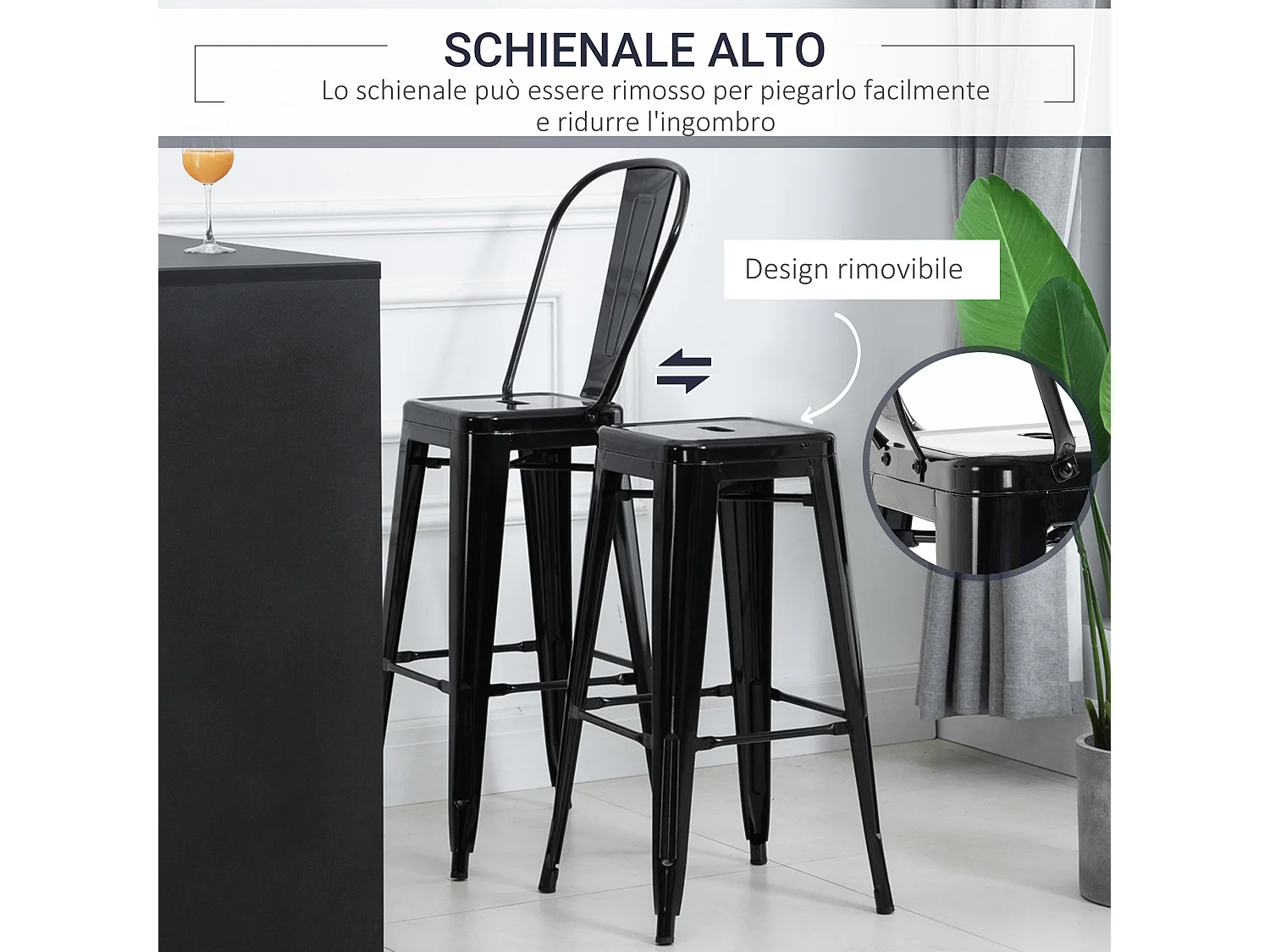 Set 4 sgabelli ergonomici con schienale rimovibile e poggiapiedi
