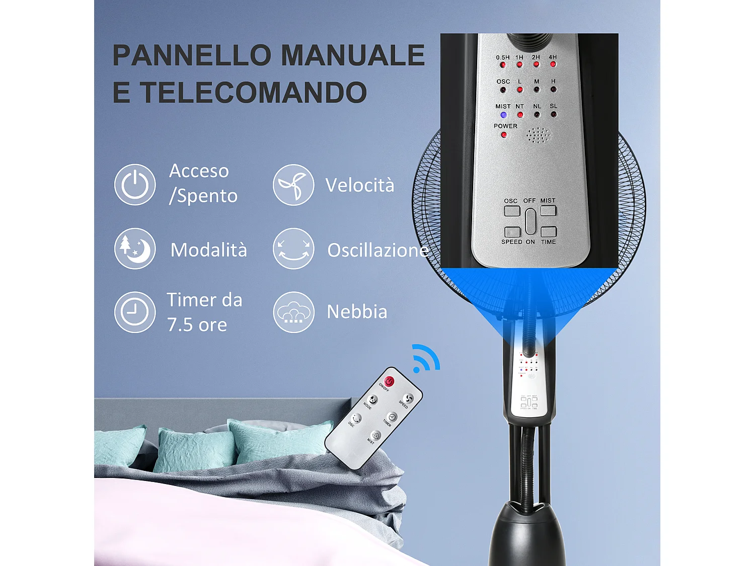 Ventilatore nebulizzatore e deumidificatore oscillante 70° con 3 modalità telecomando e timer 7.5h