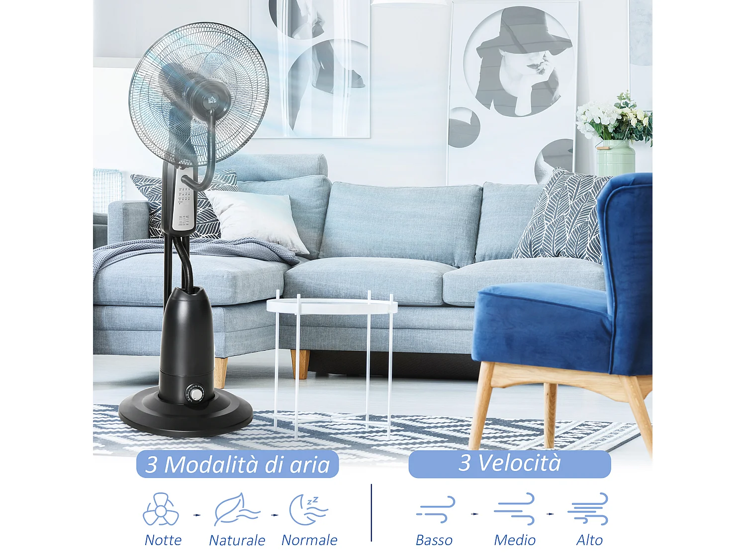 Ventilatore nebulizzatore e deumidificatore oscillante 70° con 3 modalità telecomando e timer 7.5h