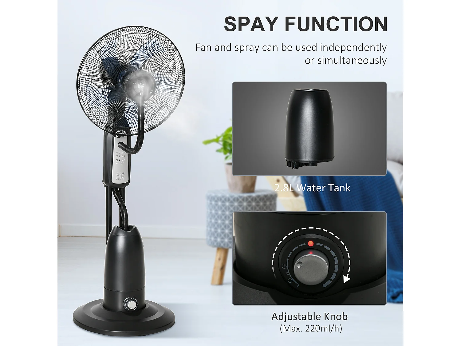 Ventilatore nebulizzatore e deumidificatore oscillante 70° con 3 modalità telecomando e timer 7.5h