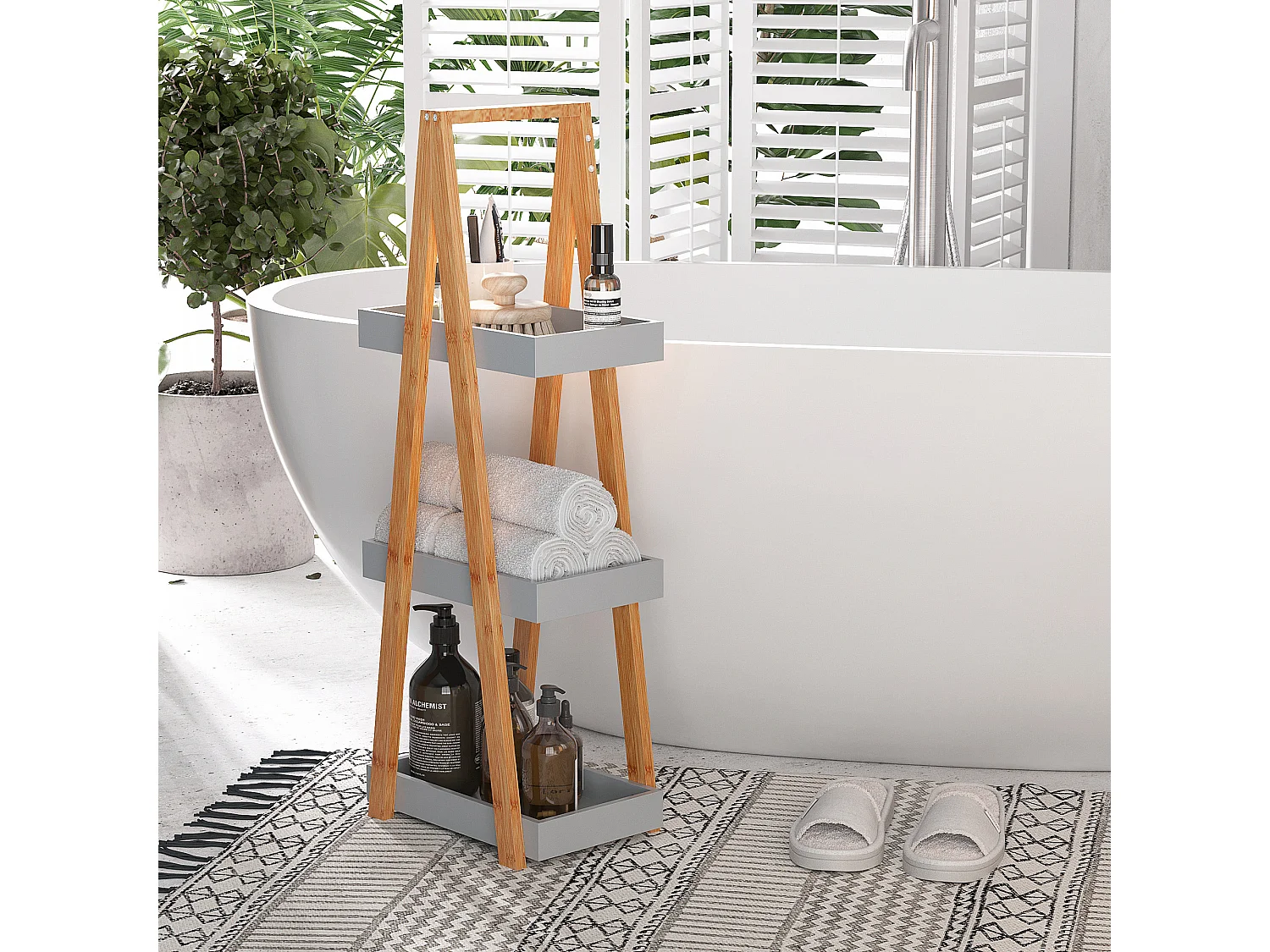 Scaffale bagno in MDF e bambù con 3 mensole grigio