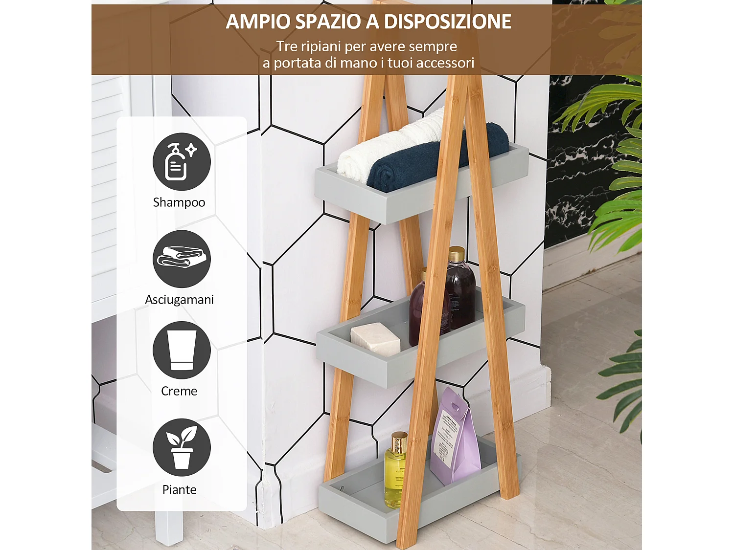 Scaffale bagno in MDF e bambù con 3 mensole grigio