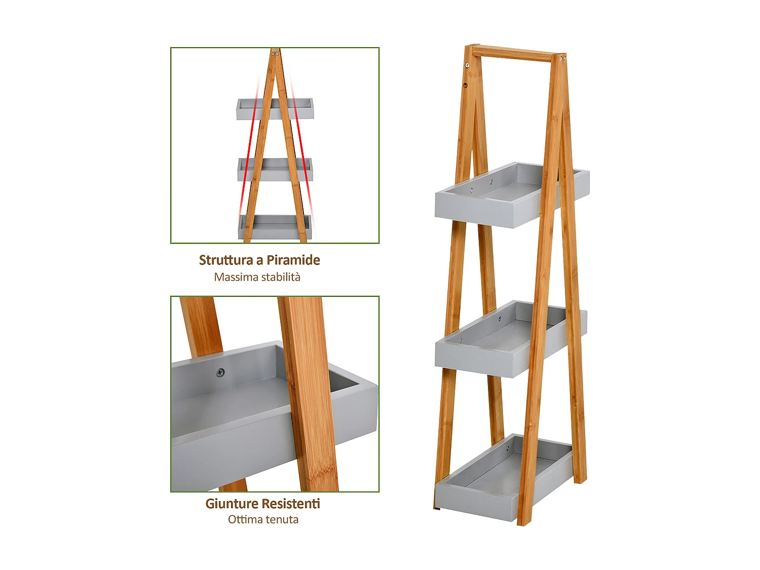 Scaffale bagno in MDF e bambù con 3 mensole grigio