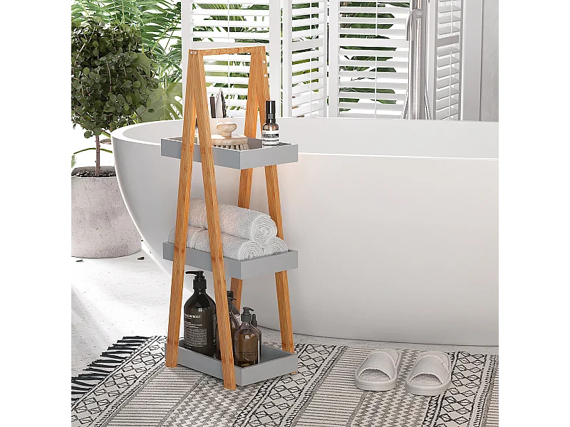 Scaffale bagno in MDF e bambù con 3 mensole grigio