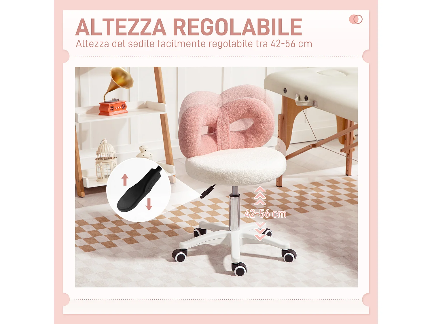 Sgabello per parrucchiere ad altezza regolabile con rotelle girevoli e schienale ad arco