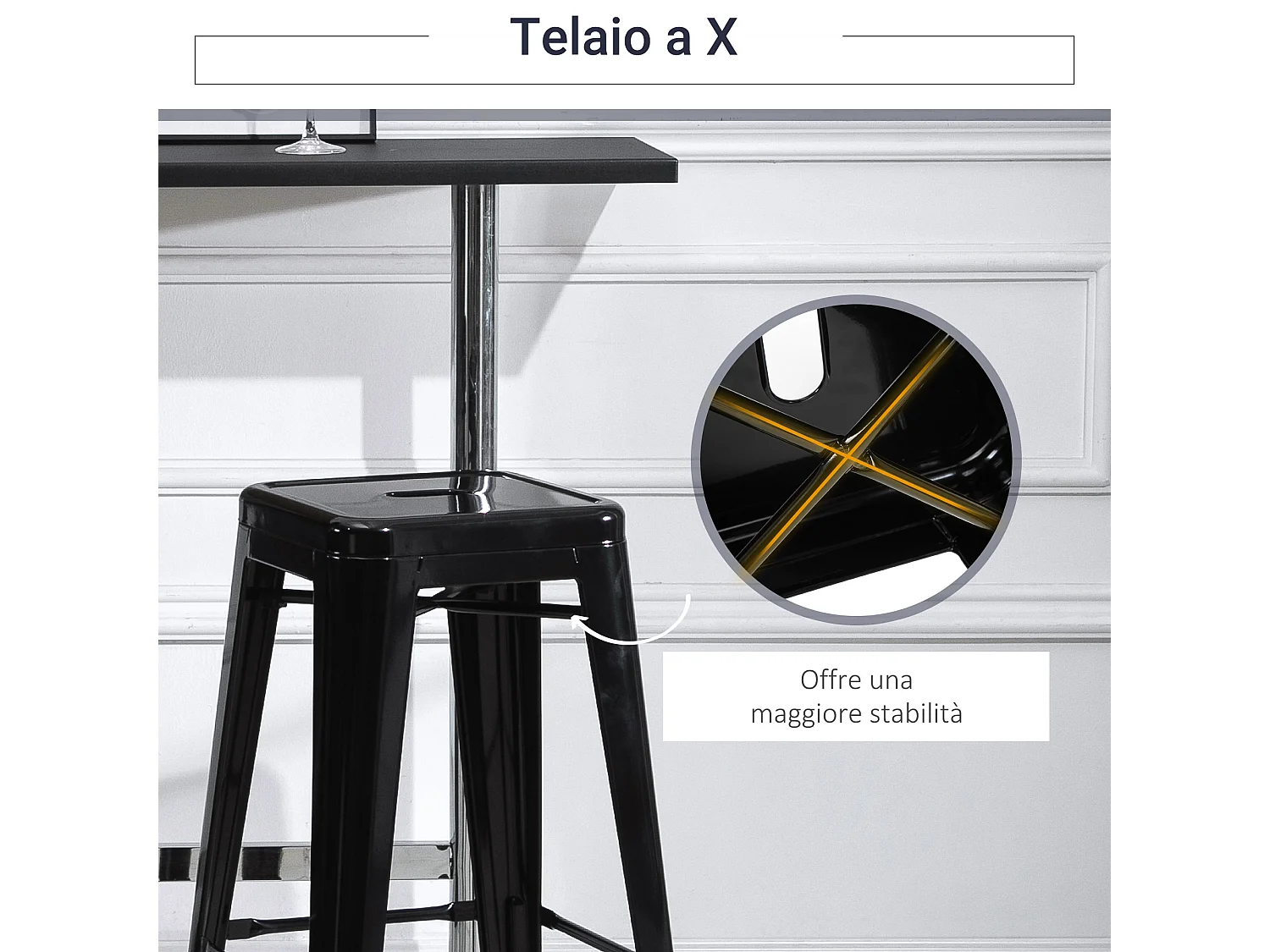 Set 4 sgabelli bar impilabili con poggiapiedi, sgabelli cucina alti in metallo