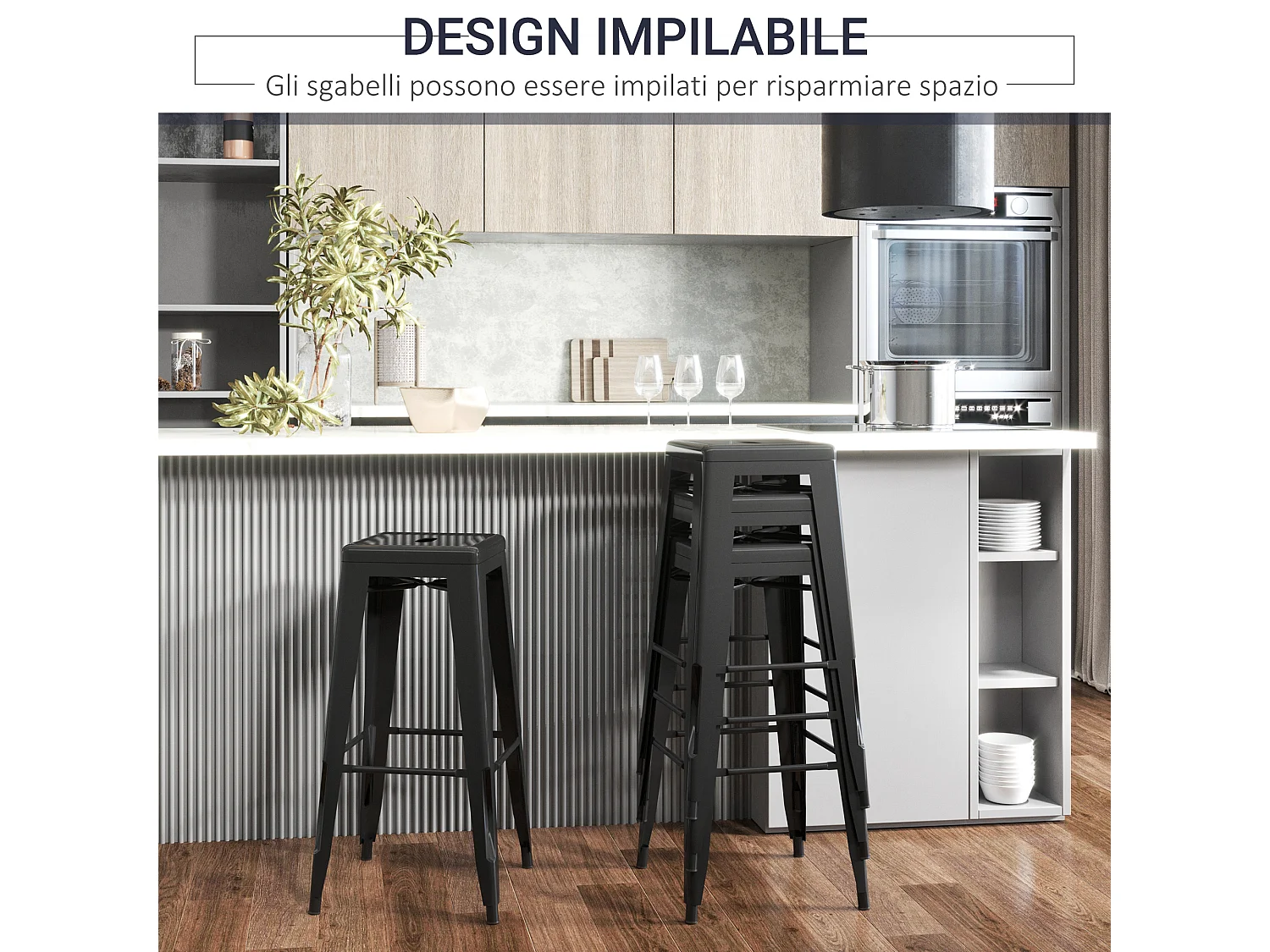Set 4 sgabelli bar impilabili con poggiapiedi, sgabelli cucina alti in metallo