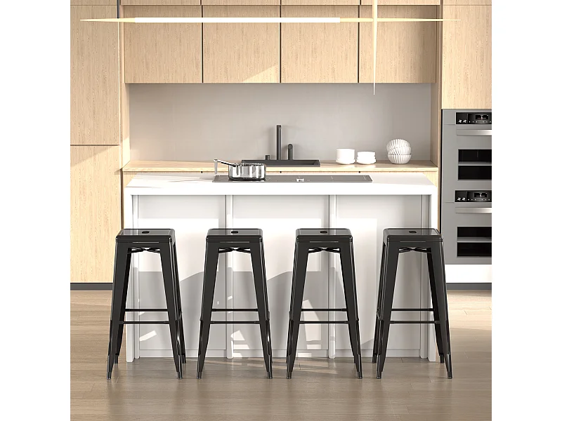 Set 4 sgabelli bar impilabili con poggiapiedi, sgabelli cucina alti in metallo