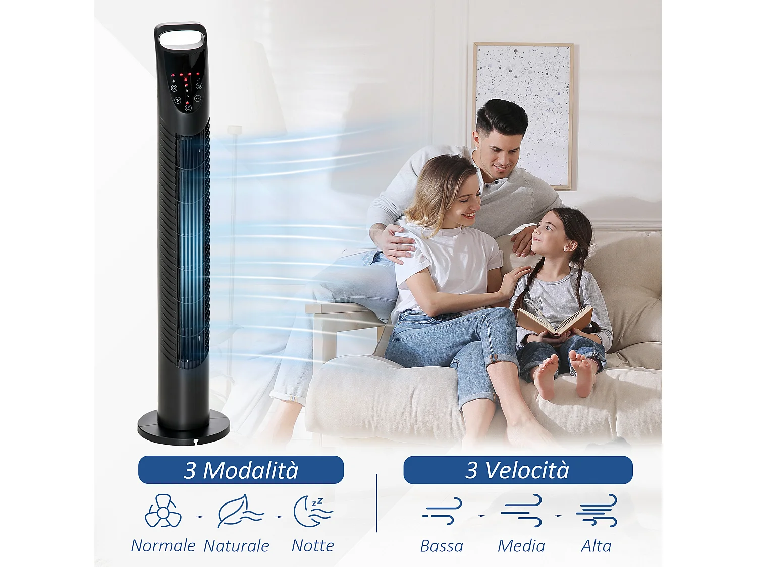 Ventilatore a colonna con telecomando fino a 5m oscillante 70° con 3 modalità e 3 velocità