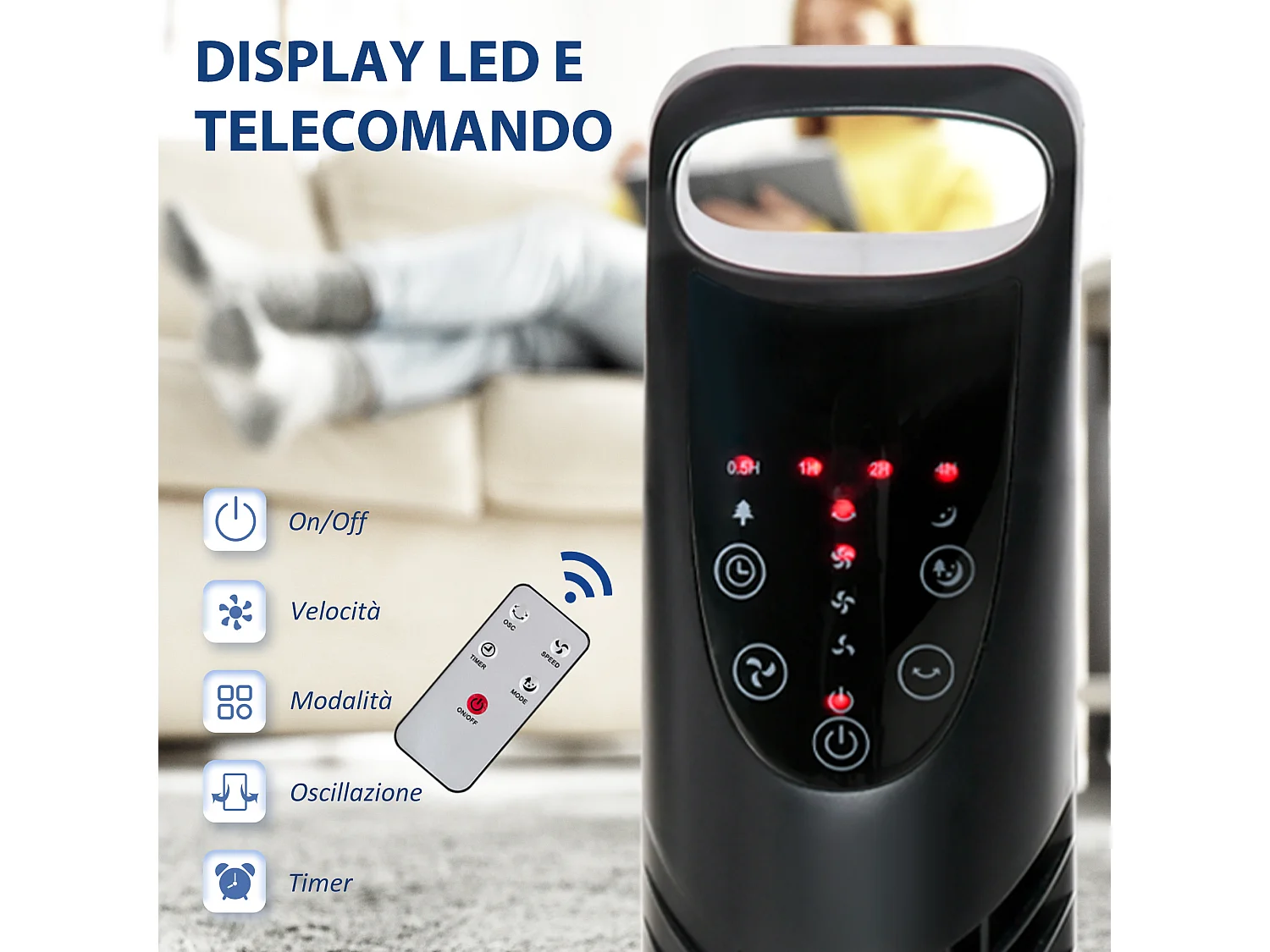 Ventilatore a colonna con telecomando fino a 5m oscillante 70° con 3 modalità e 3 velocità