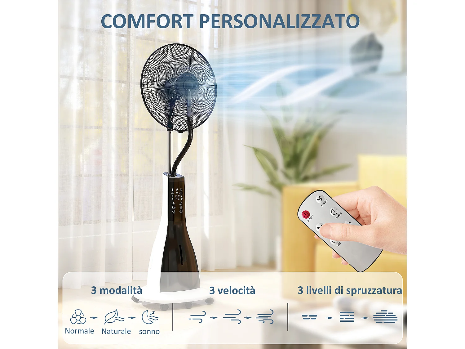 Ventilatore nebulizzatore con serbatoio da 3l 3 modalità e 3 velocità