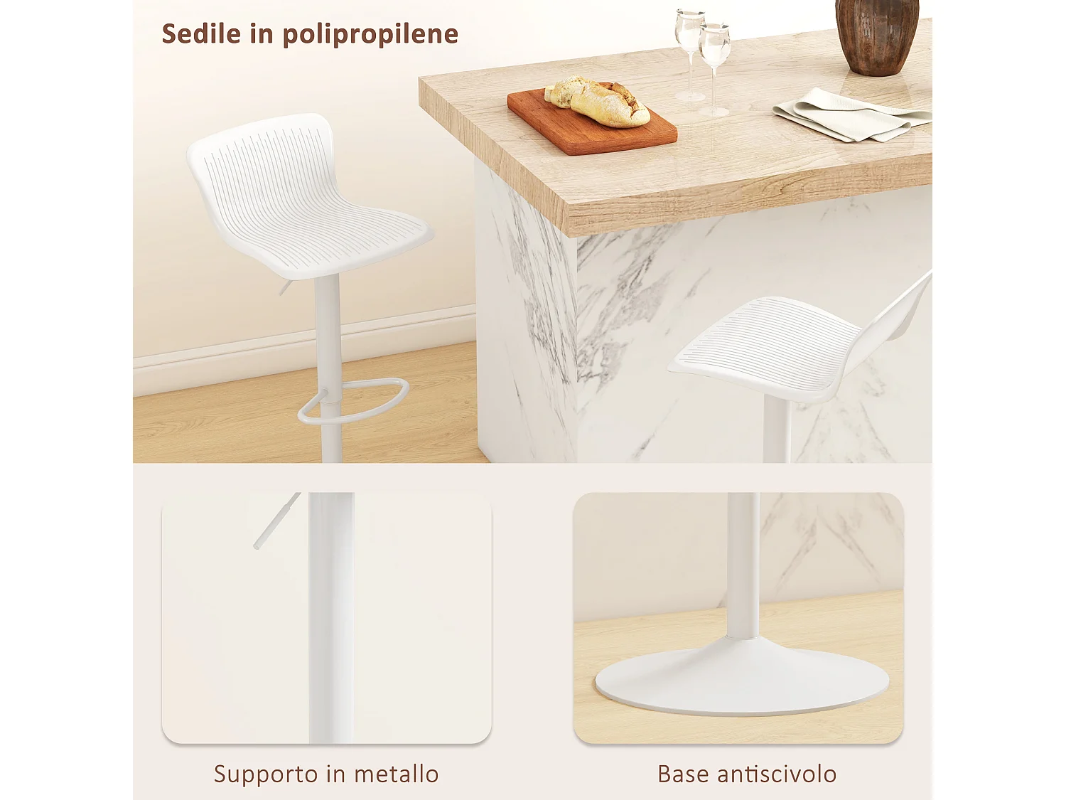 Set 2 sgabelli bar con schienale girevoli e altezza regolabile bianco