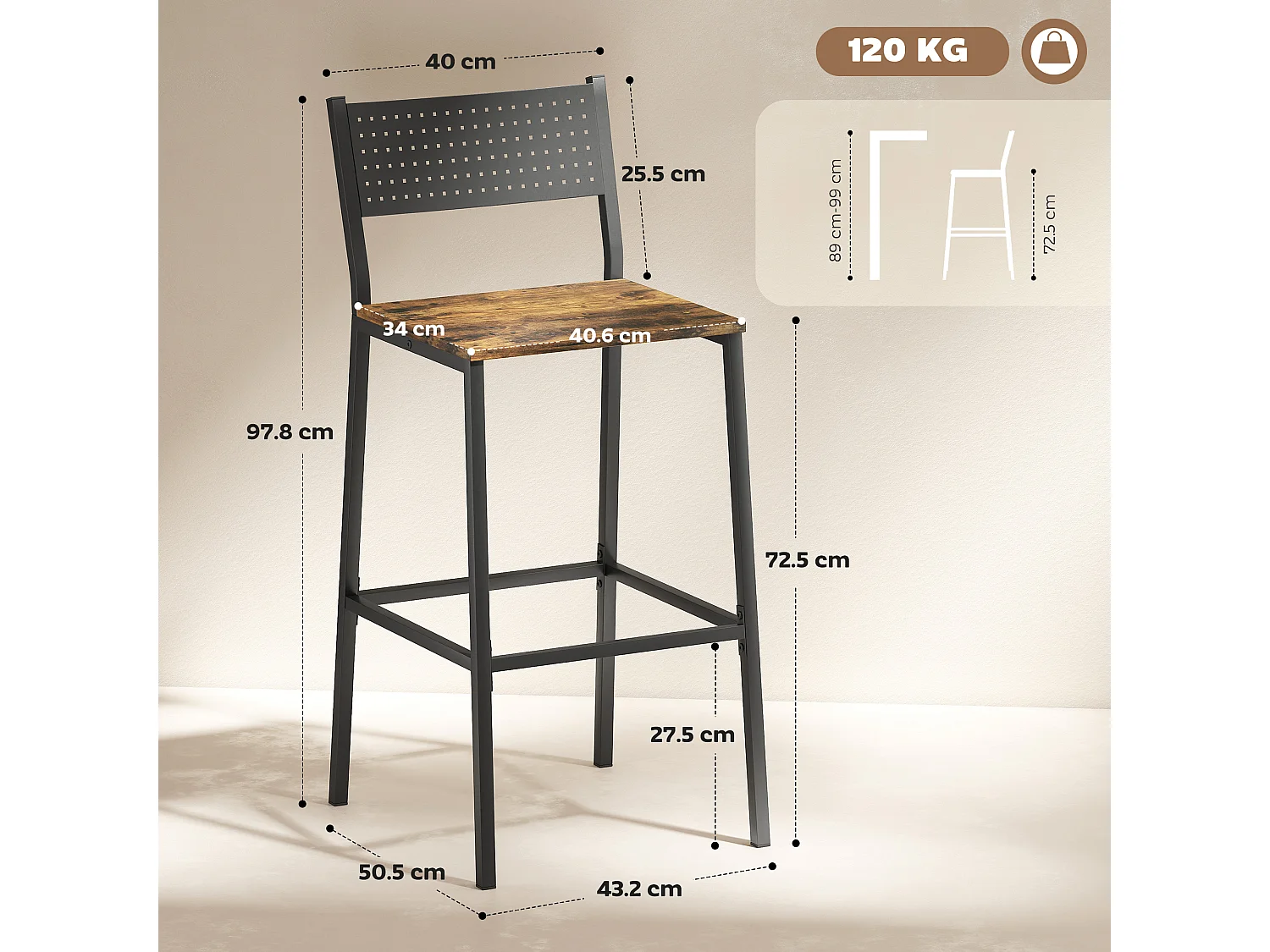 Set di 2 sgabelli da bar con schienale in stile industriale