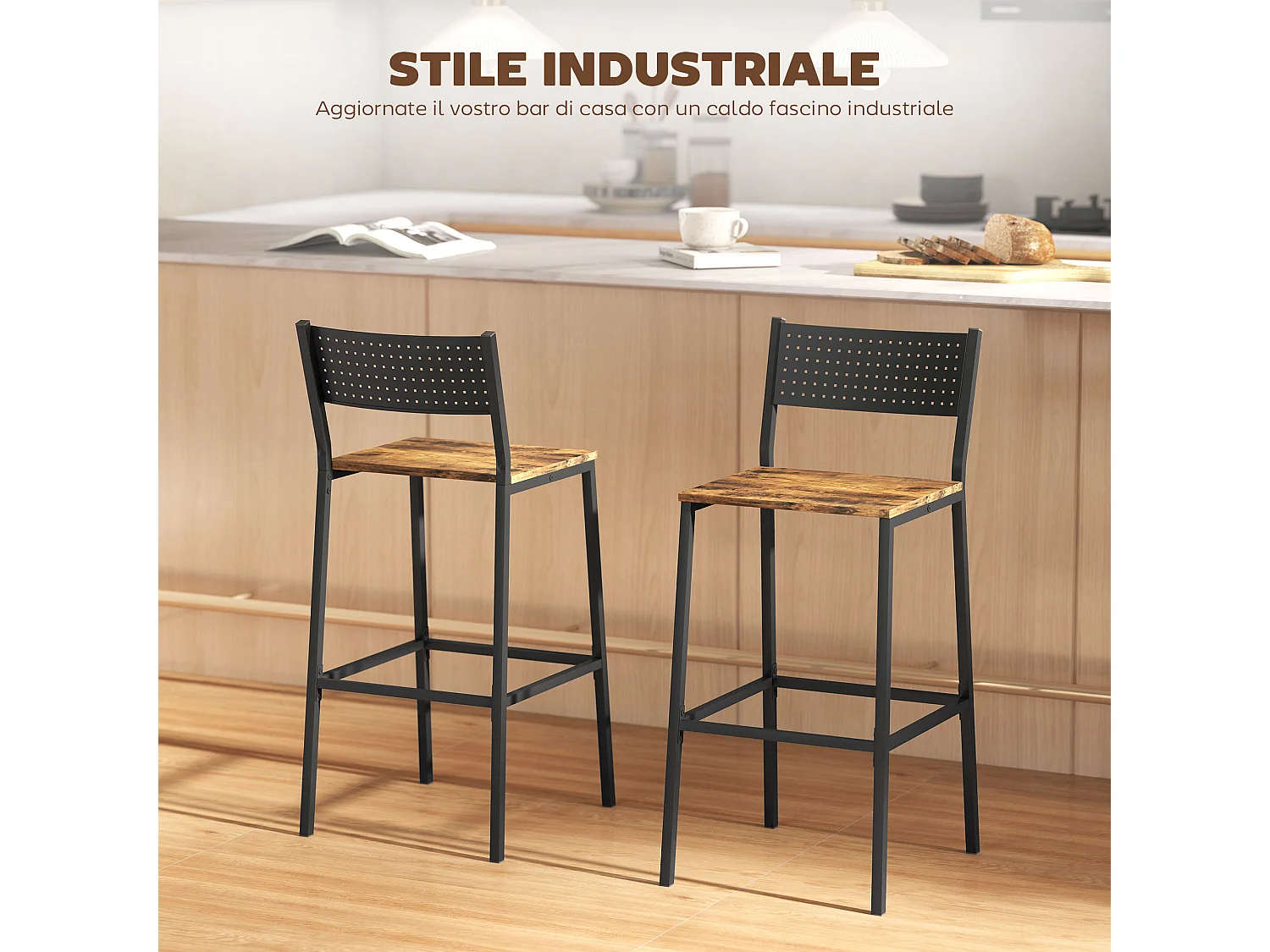 Set di 2 sgabelli da bar con schienale in stile industriale