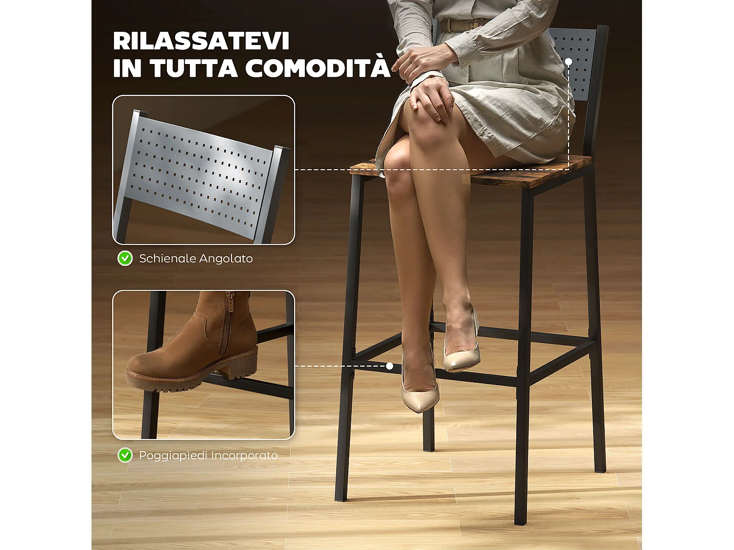 Set di 2 sgabelli da bar con schienale in stile industriale