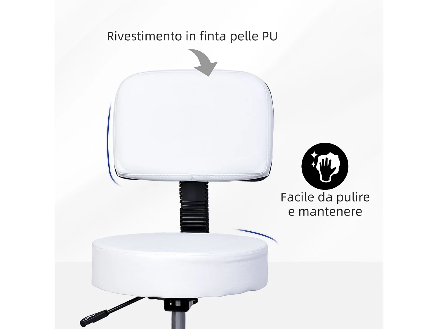 Sgabello girevole con schienale altezza regolabile in PU bianca