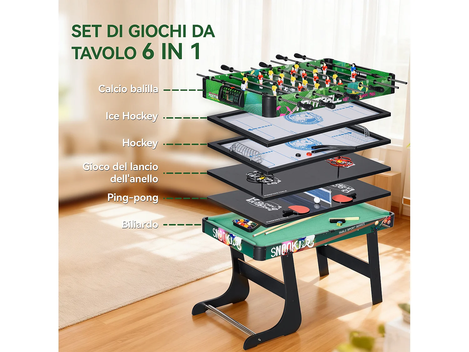 Tavolo da gioco 6 in 1 in mdf, resina e acciaio inox multicolore