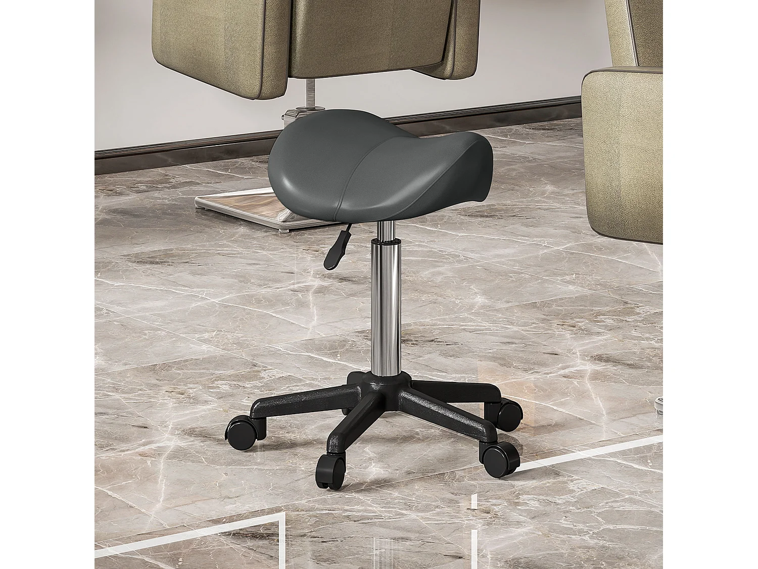 Sgabello girevole a sella con ruote, sgabello per parrucchiere ed estetista