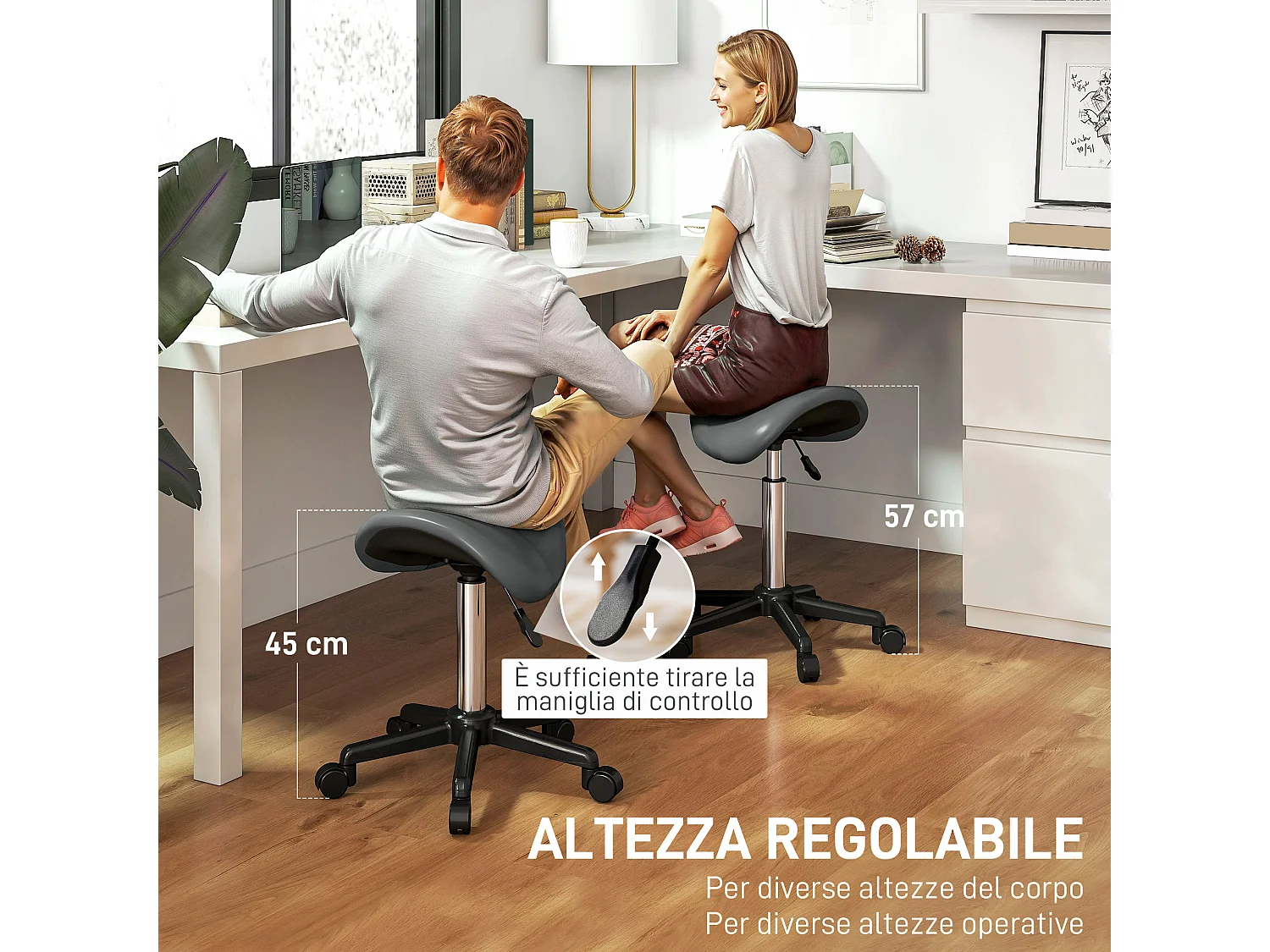 Sgabello girevole a sella con ruote, sgabello per parrucchiere ed estetista