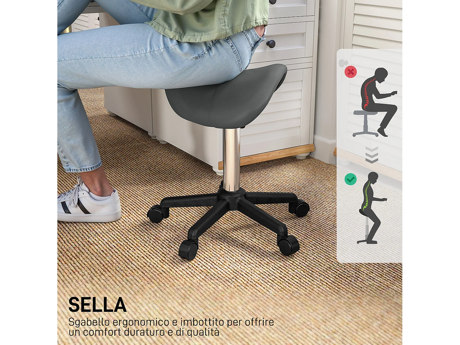 Sgabello girevole a sella con ruote, sgabello per parrucchiere ed estetista