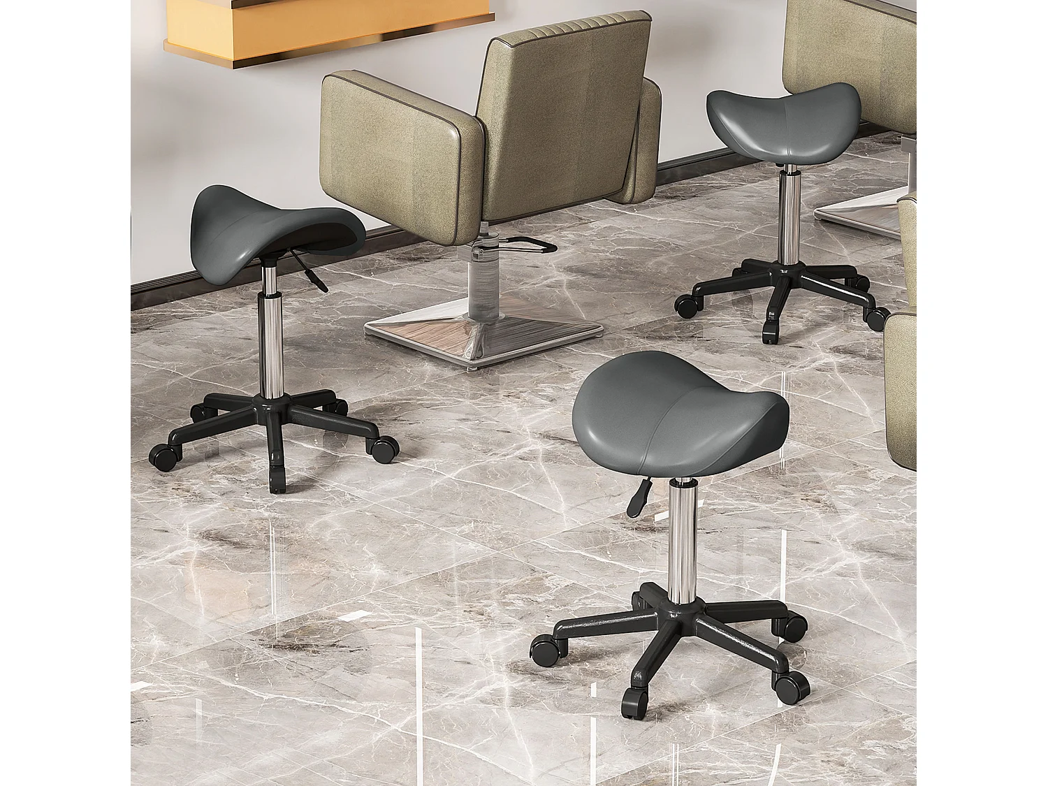 Sgabello girevole a sella con ruote, sgabello per parrucchiere ed estetista