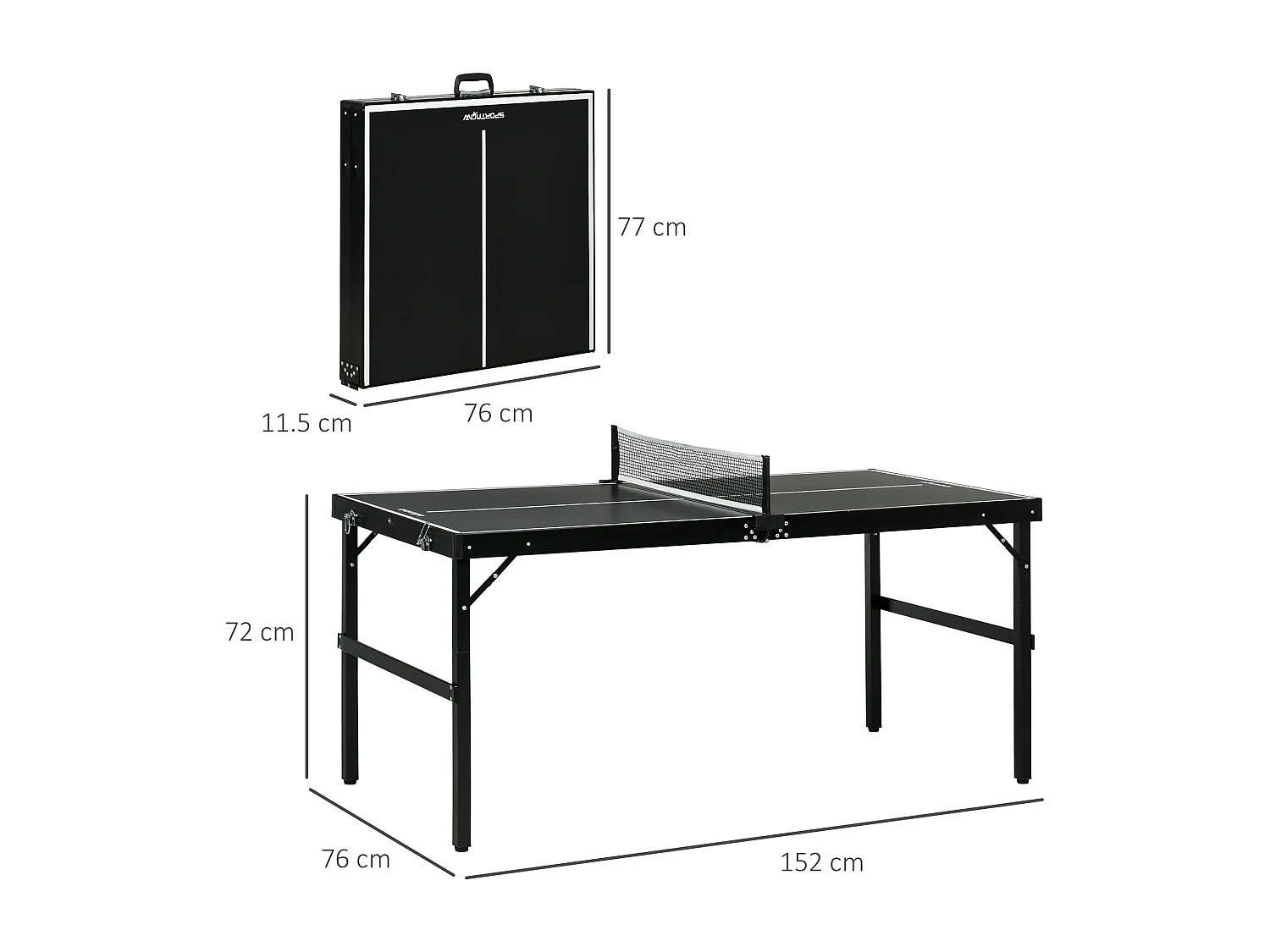Tavolo ping pong pieghevole in alluminio e mdf 152x76x72 cm nero