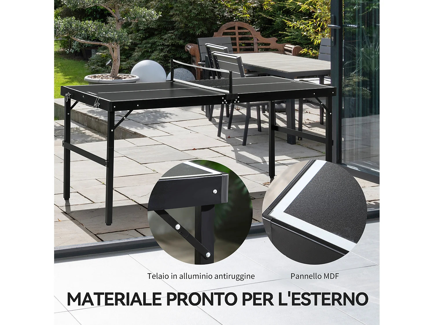Tavolo ping pong pieghevole in alluminio e mdf 152x76x72 cm nero