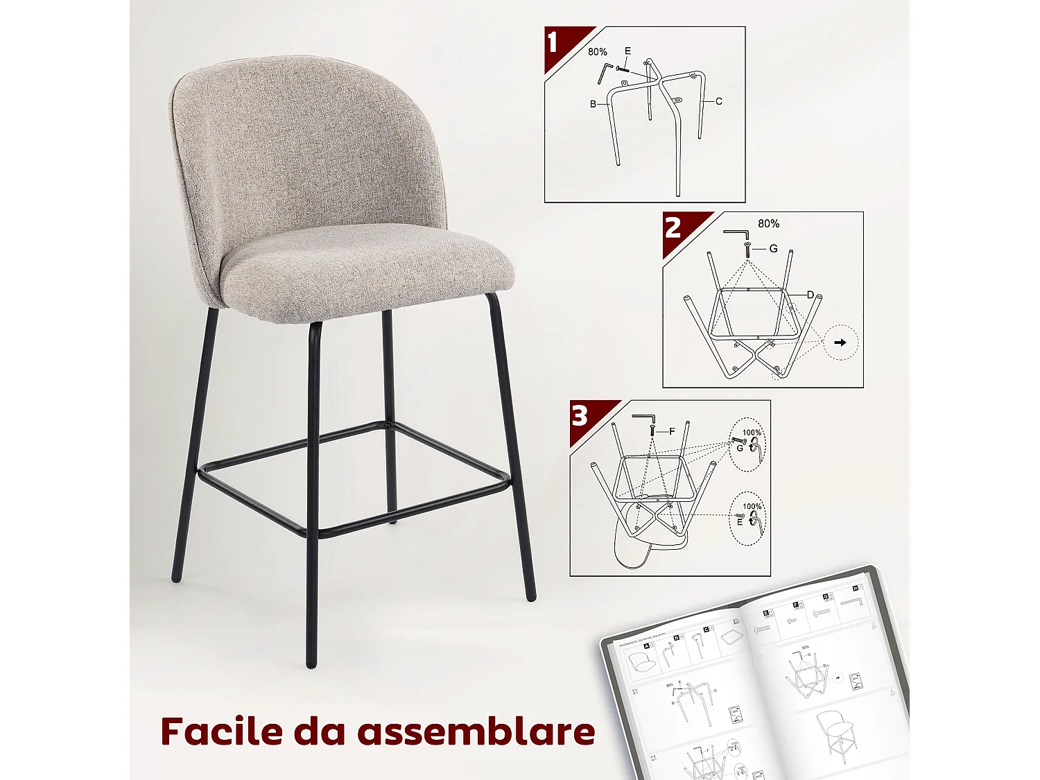 Set 2 sgabelli bar con schienale ergonomico sgabelli cucina in lino